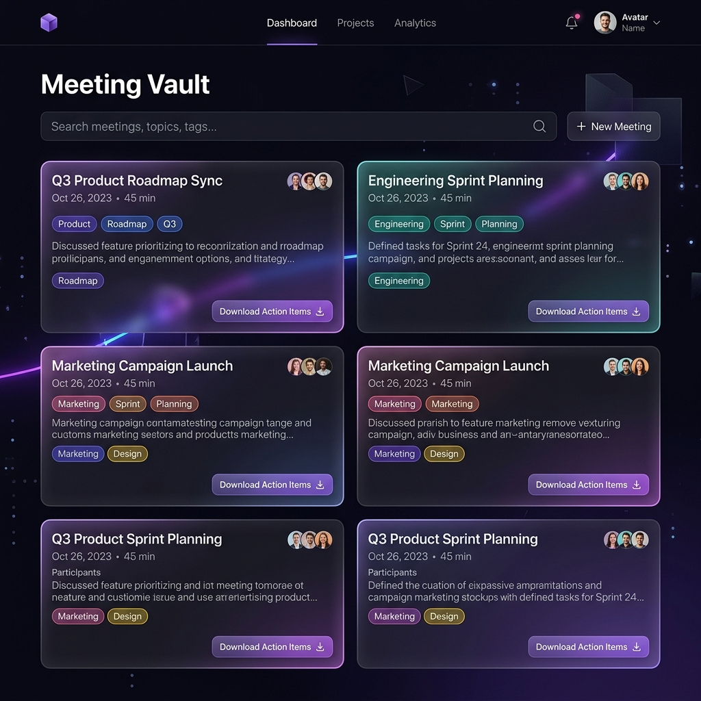 Personal Meeting Vault Dashboard Mockup